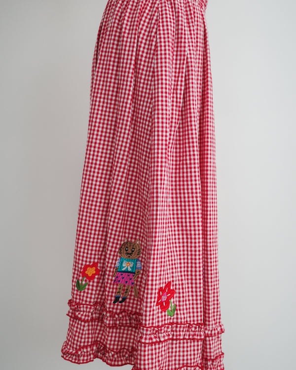 LCC貓村刺繡RUFFLE格仔半裙