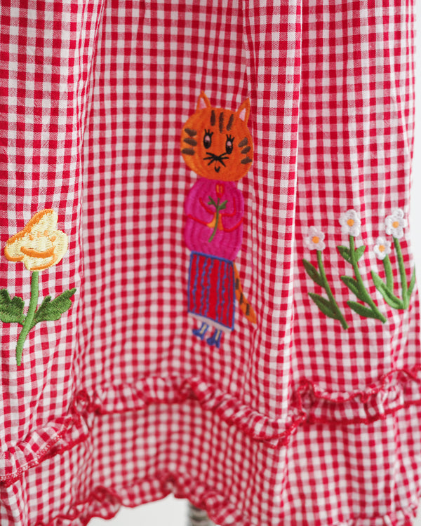 LCC貓村刺繡RUFFLE格仔半裙