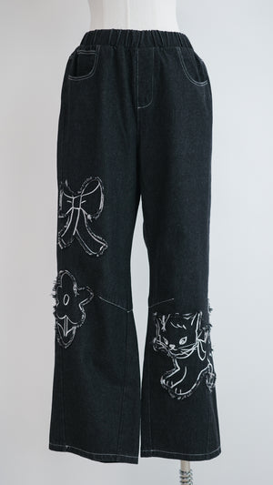 Cat and Flower Patch Denim Jeans
