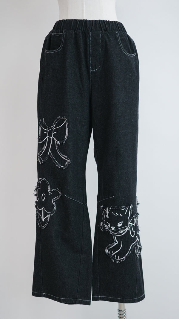Cat and Flower Patch Denim Jeans