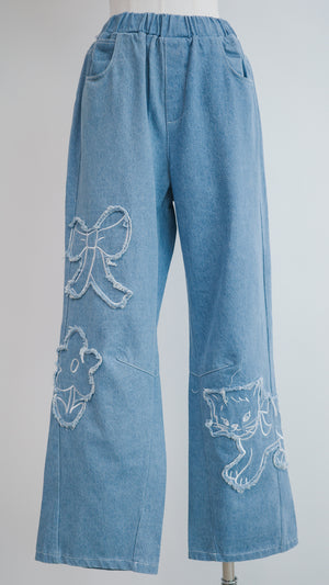 Cat and Flower Patch Denim Jeans