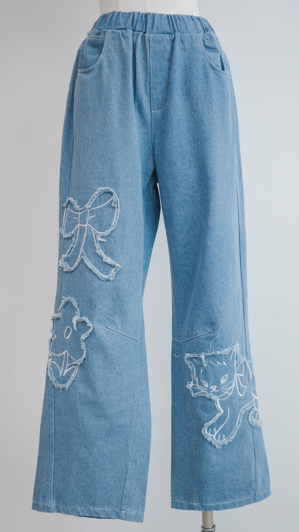 Cat and Flower Patch Denim Jeans