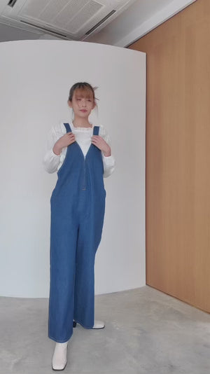 Denim front zipper V-neck overalls