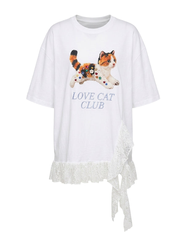 Calico Cat Button Doll Irregular Lace Top