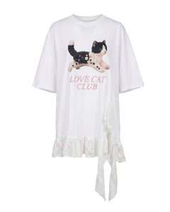 Black and White Cat Button Doll Irregular Lace Top