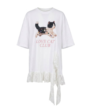 Black and White Cat Button Doll Irregular Lace Top