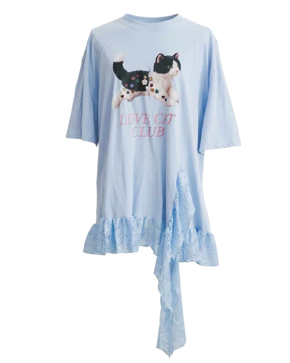 Black and White Cat Button Doll Irregular Lace Top