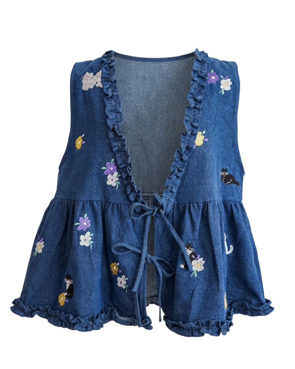 紫花黑白貓刺繡牛仔荷葉邊背心
