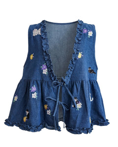 紫花黑白貓刺繡牛仔荷葉邊背心