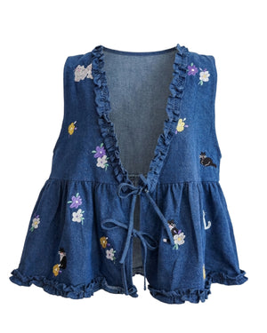 紫花黑白貓刺繡牛仔荷葉邊背心