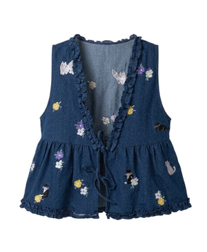 紫花黑白貓刺繡牛仔荷葉邊背心