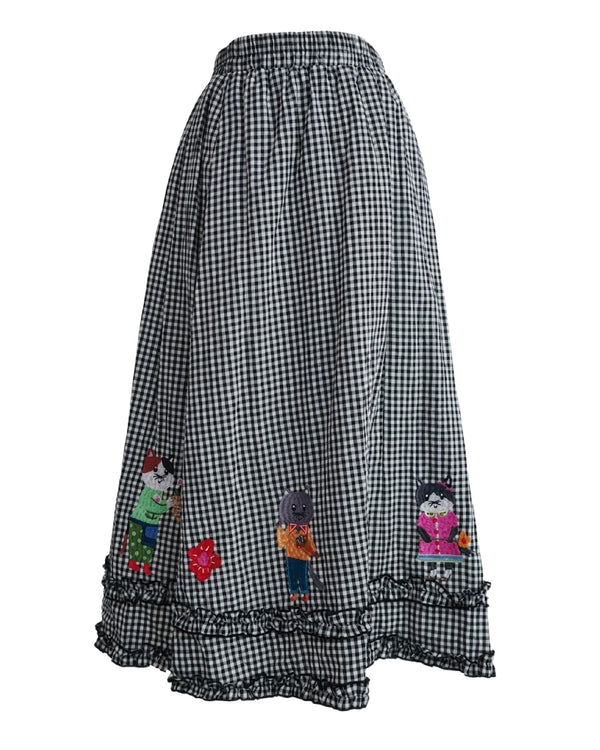 LCC貓村刺繡RUFFLE格仔半裙