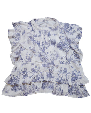 Afternoon Tea Cat Vintage Print Ruffle Top