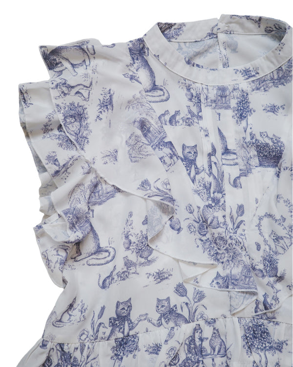Afternoon Tea Cat Vintage Print Ruffle Top
