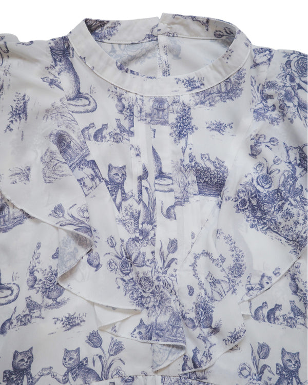 Afternoon Tea Cat Vintage Print Ruffle Top