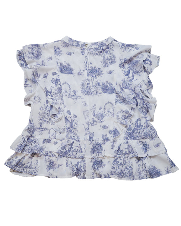 Afternoon Tea Cat Vintage Print Ruffle Top