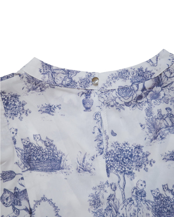 Afternoon Tea Cat Vintage Print Ruffle Top