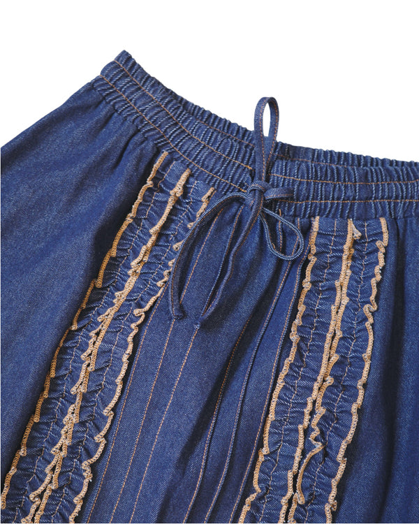 Double topstitched ruffle denim skirt