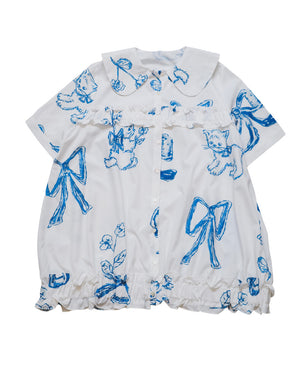 Blue Cat Bow Square Collar Ruffle Hem Long Shirt