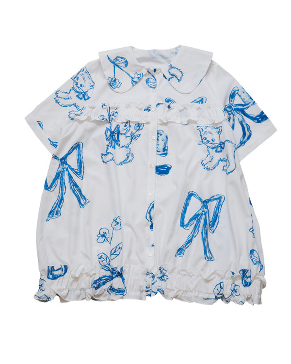 Blue Cat Bow Square Collar Ruffle Hem Long Shirt
