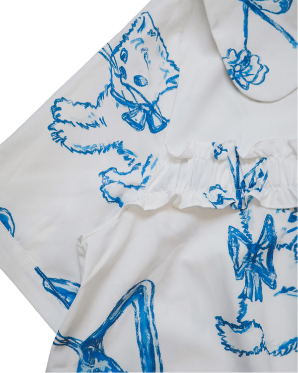 Blue Cat Bow Square Collar Ruffle Hem Long Shirt