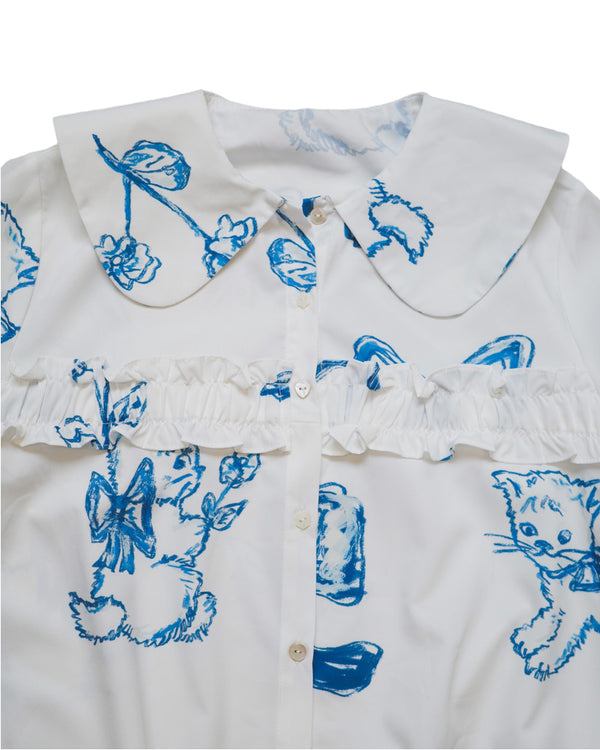 Blue Cat Bow Square Collar Ruffle Hem Long Shirt