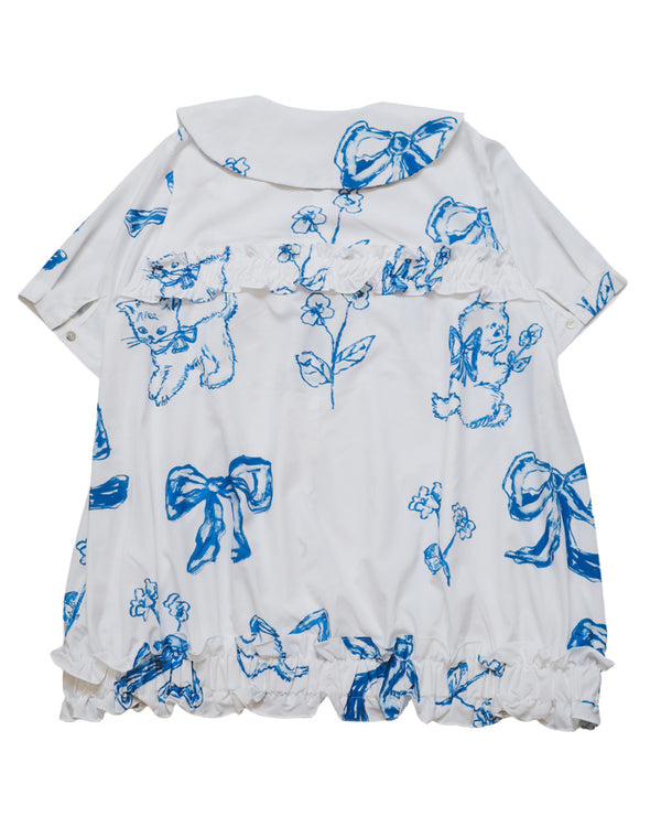 Blue Cat Bow Square Collar Ruffle Hem Long Shirt