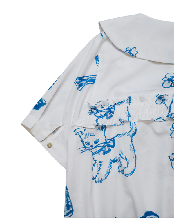 Blue Cat Bow Square Collar Ruffle Hem Long Shirt