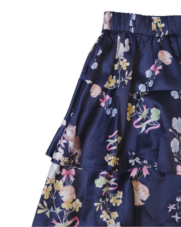 Bouquet Cat Print Tiered Skirt