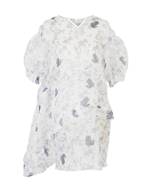 Small rose floral fuzzy cat diagonal ruffle mesh dress