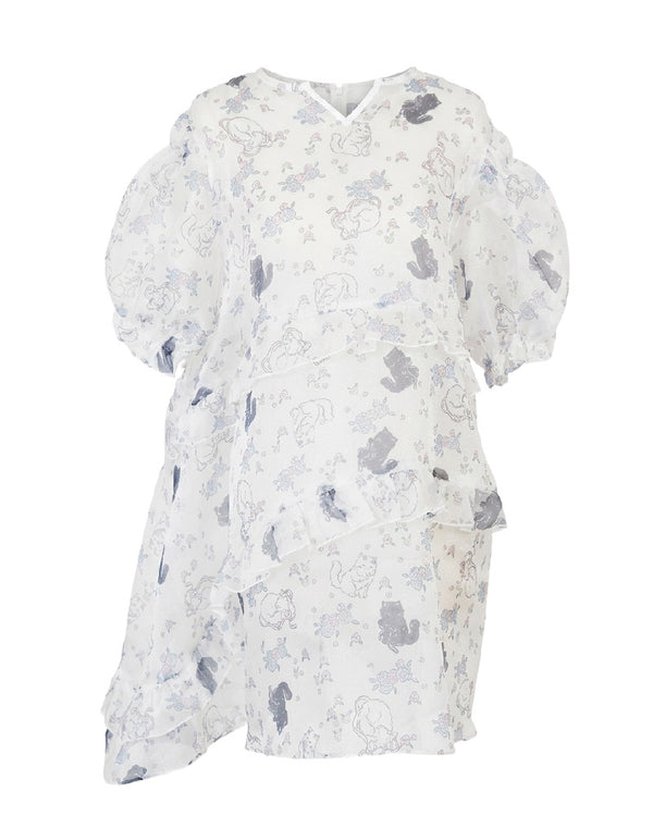 Small rose floral fuzzy cat diagonal ruffle mesh dress