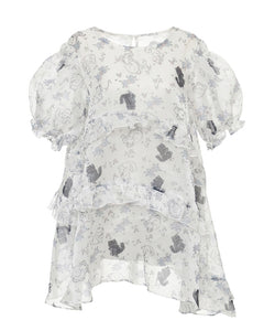 Small rose floral fuzzy cat diagonal ruffle mesh dress