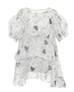 Small rose floral fuzzy cat diagonal ruffle mesh dress