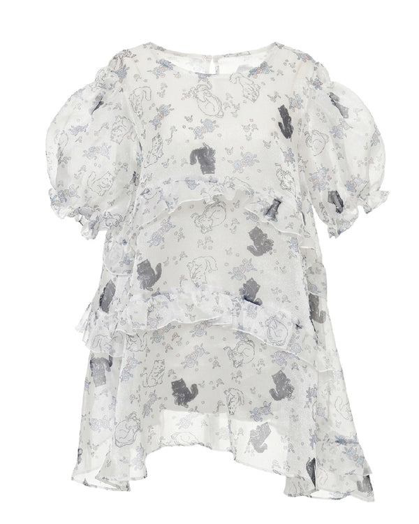 Small rose floral fuzzy cat diagonal ruffle mesh dress
