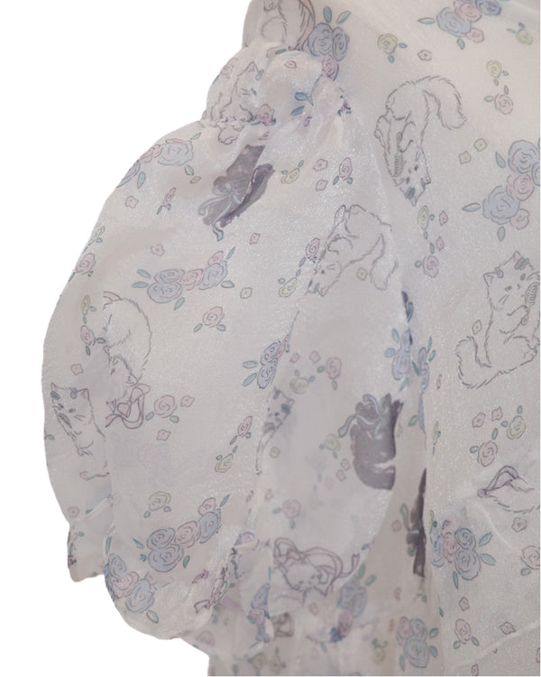 Small rose floral fuzzy cat diagonal ruffle mesh dress