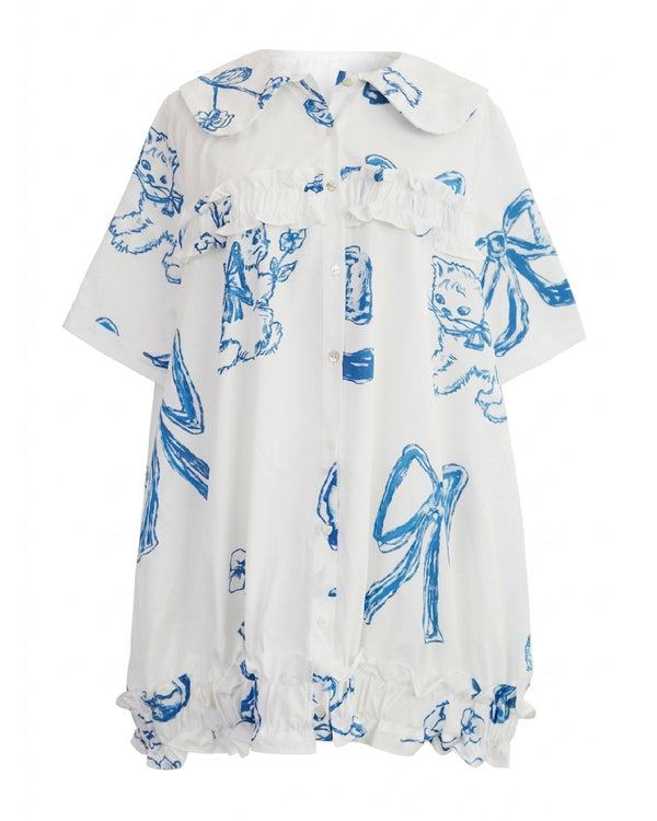 Blue Cat Bow Square Collar Ruffle Hem Long Shirt